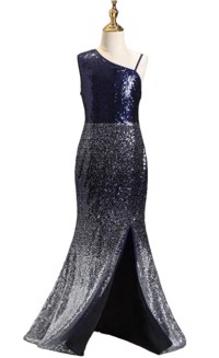 👗Børnegallakjole - Night Bird - Lang børnefestkjole i blå/sølv - Havfrue model med palietter